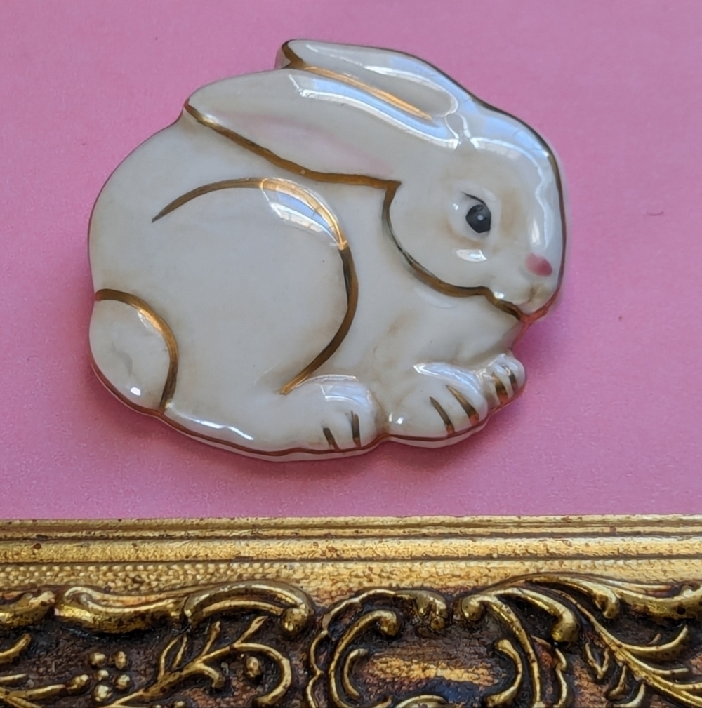 White Rabbit White gold trim polished ceramic bunny brooch pin silver tone